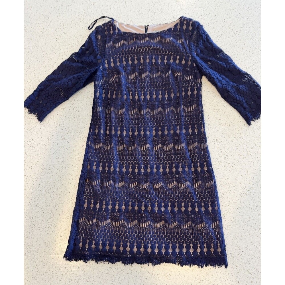Eliza J Navy Blue Sheath Dress Lace Boat Neck 3/4 Sleeve Zip Knee 6 PTP: 17.5"